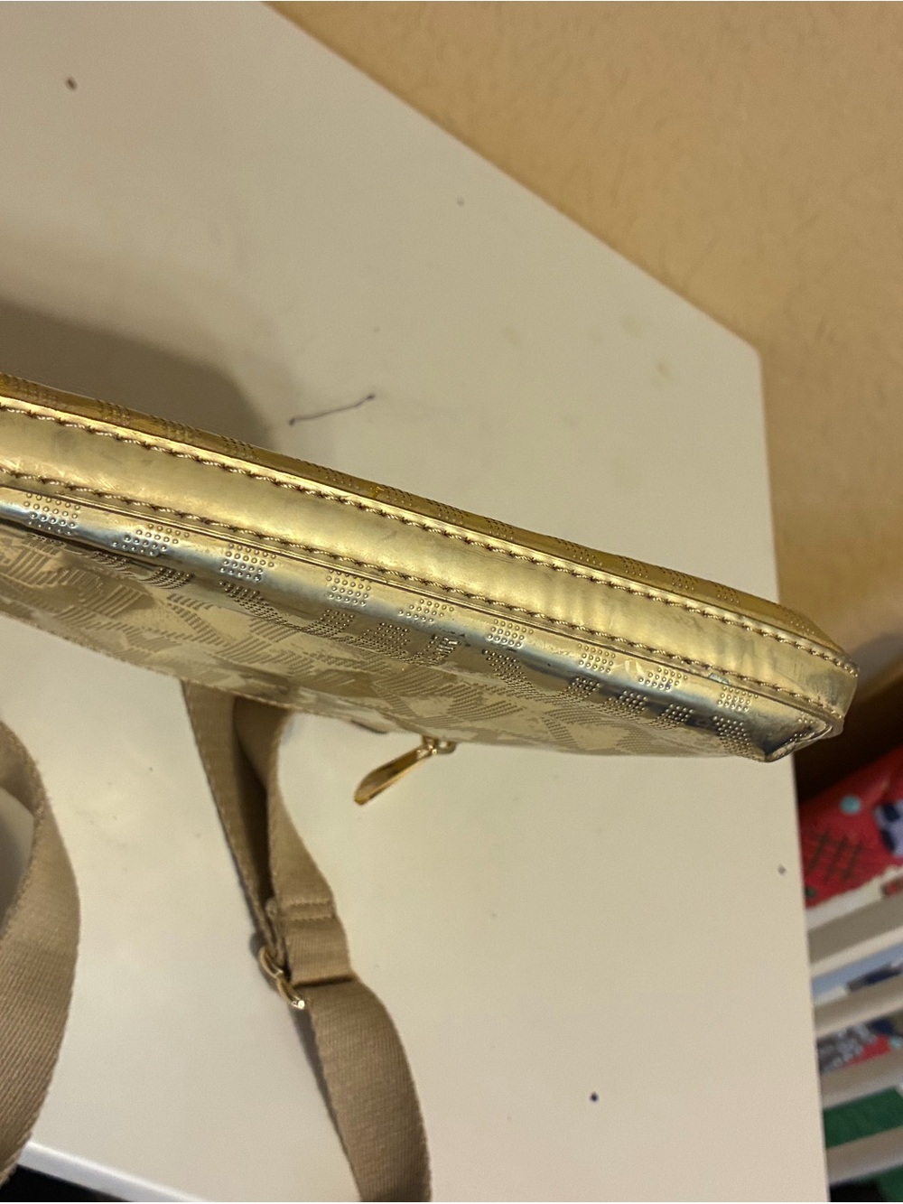 Michael Kors Slim Shiney Gold Crossbody With Canvas Strap - Picture 15 of 16
